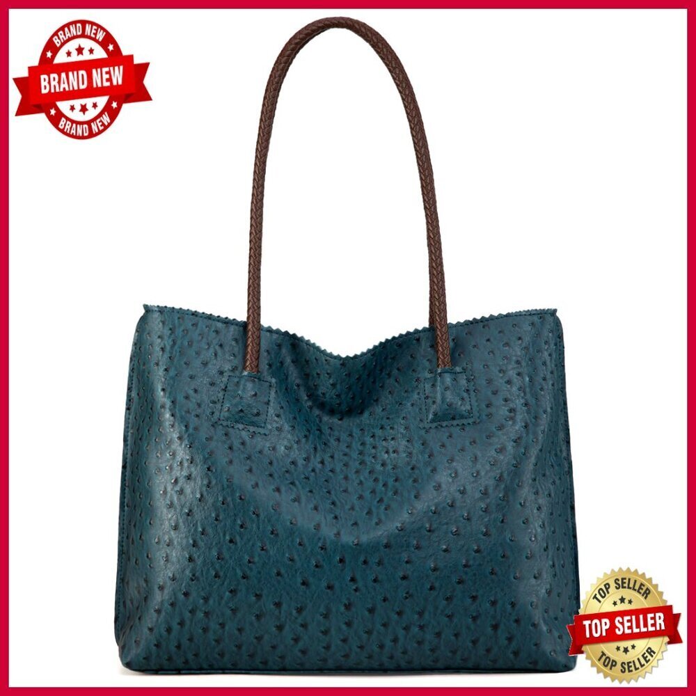 Large Vegan Leather Tote Bag with Zipper, Laptop Compartment, Shoulder Strap